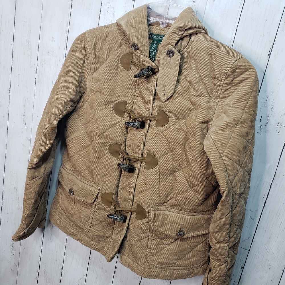 Vintage Ralph Lauren Tan Corduroy Duffle Jacket Toggles Hood Quilted Size Small. - Picture 2 of 9